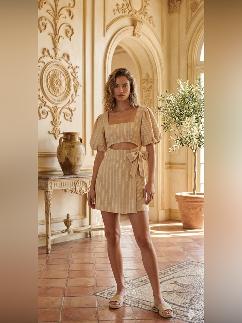 Zara linen mini dress puff sleeves square neckline XS